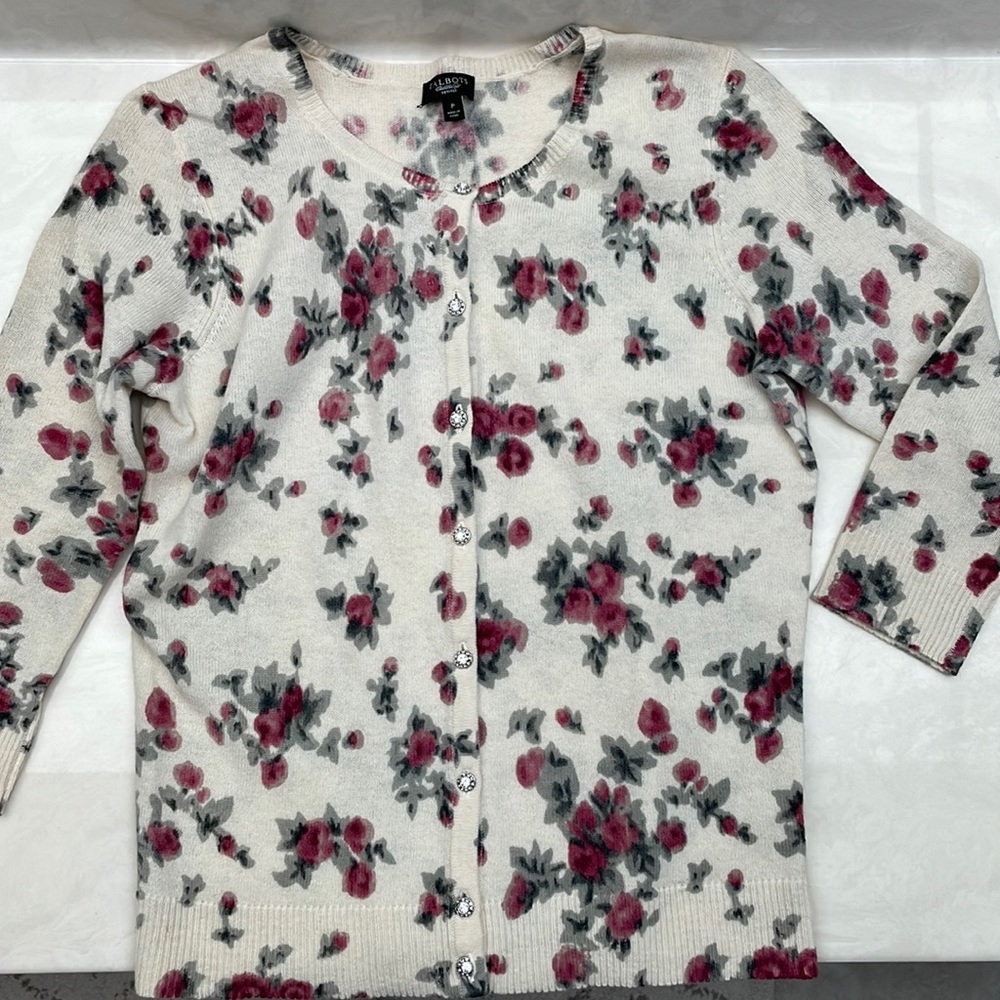 Talbots Floral Rhinestone Button Sweater Off White P